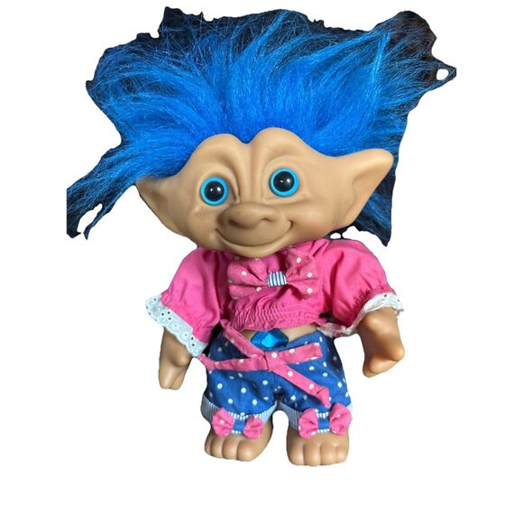 Vintage Troll Doll Set Of 5 With Blue Hair Pink Outfit & Assorted Styles - Picture 2 of 16
